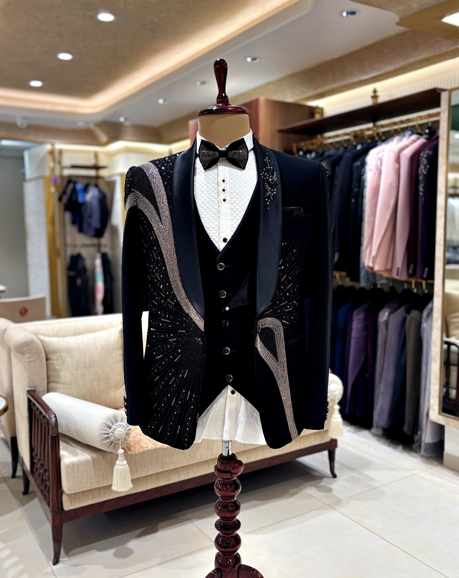 Kaalamegha black 5-piece suit with intricate shoulder embellishment