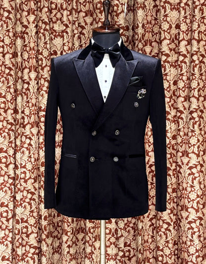 Tamraparni black 4-piece double-breasted suit with satin peak lapels and bow tie