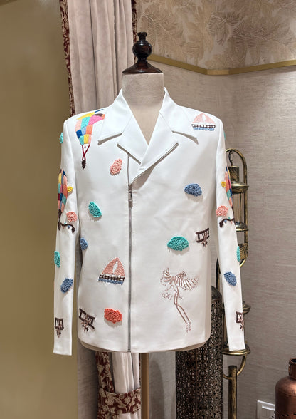Vennela Vihangam white embroidered men's jacket with colourful hot air balloon motifs