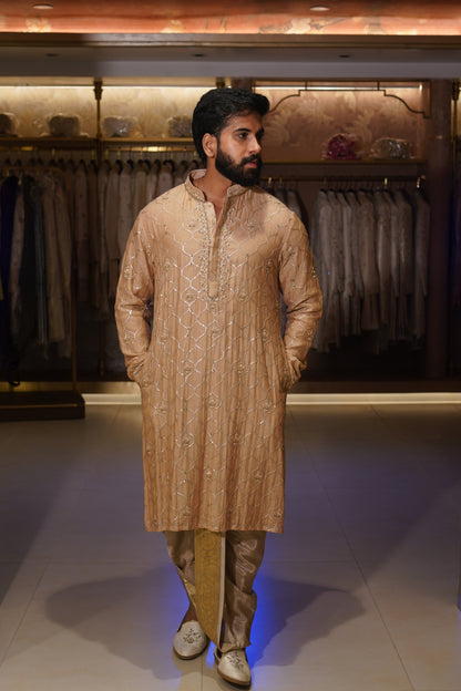 The Hemadri Pancha Kurta Set with intricate geometric embroidery and floral detailing