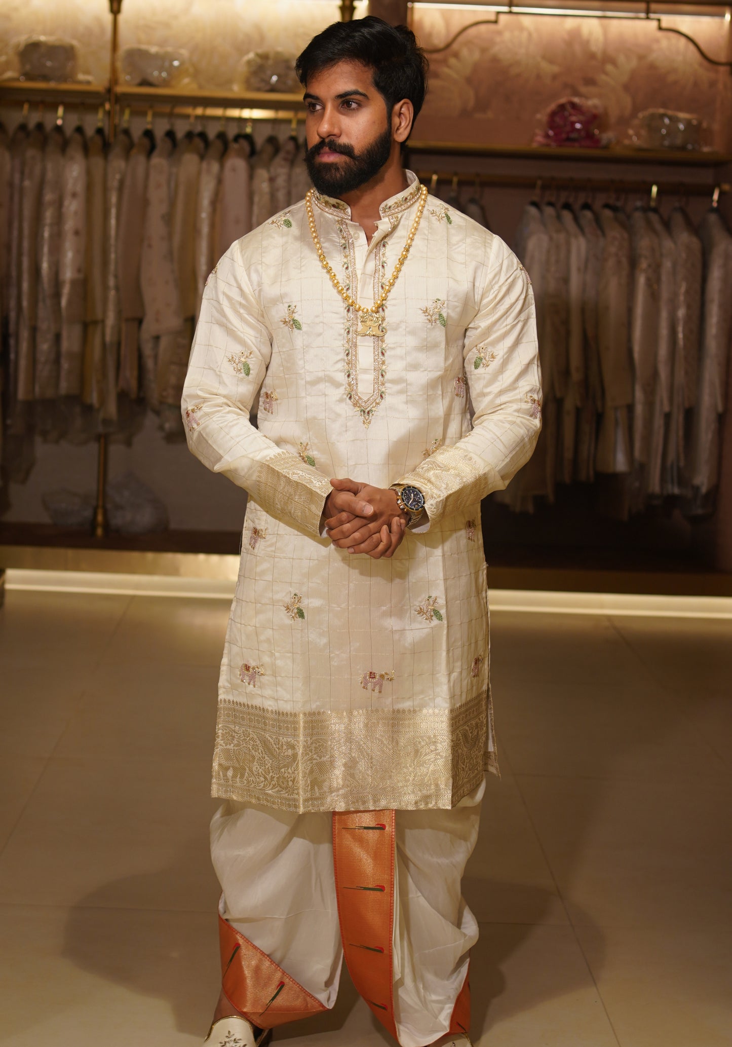The Rajahamsa Pancha Kurta Set in Pure Pattu with traditional elephant motifs and intricate heritage detailing