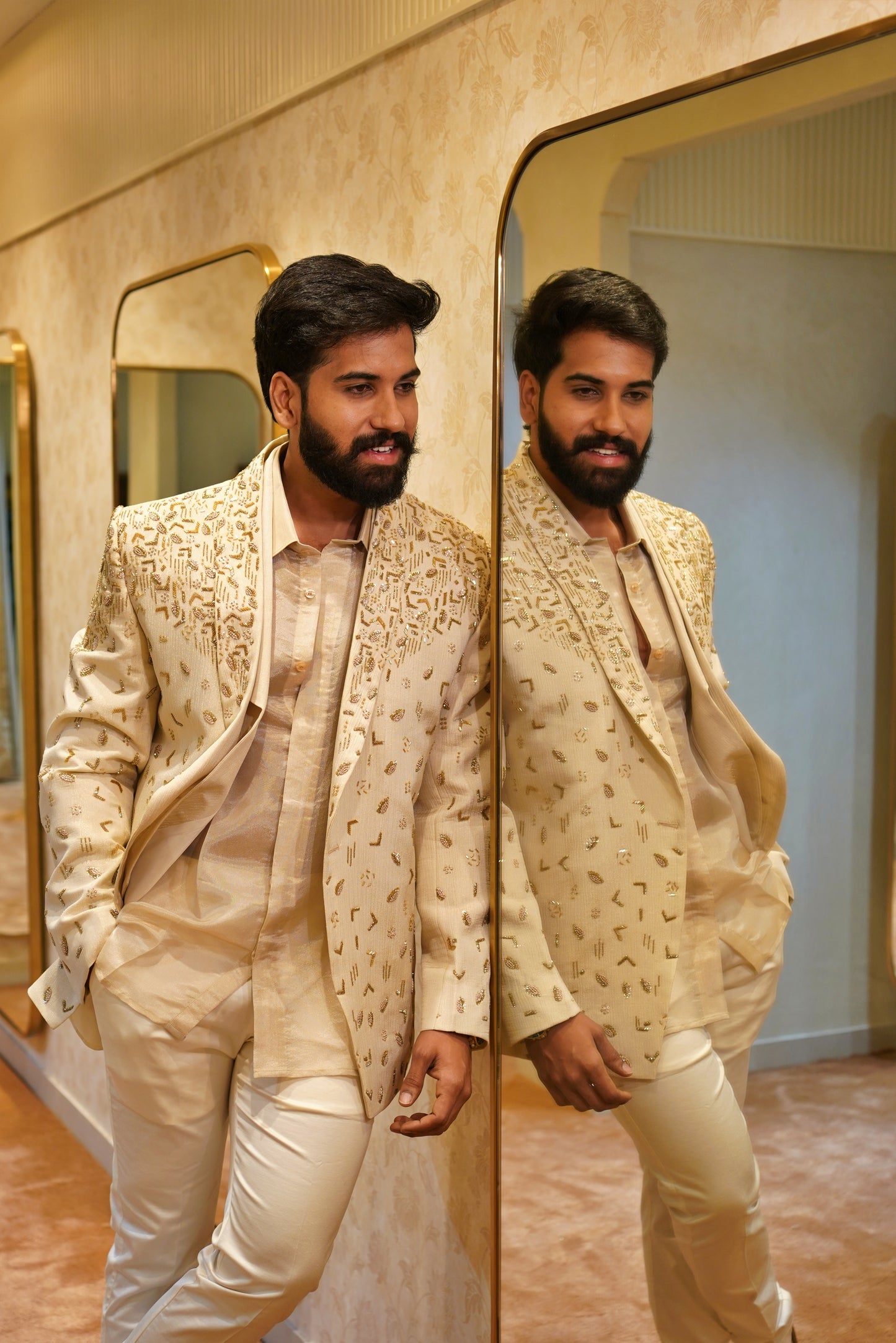 Kaveri Suvarna 5-piece men’s suit with statement jacket, layered inner, shirt, trousers
