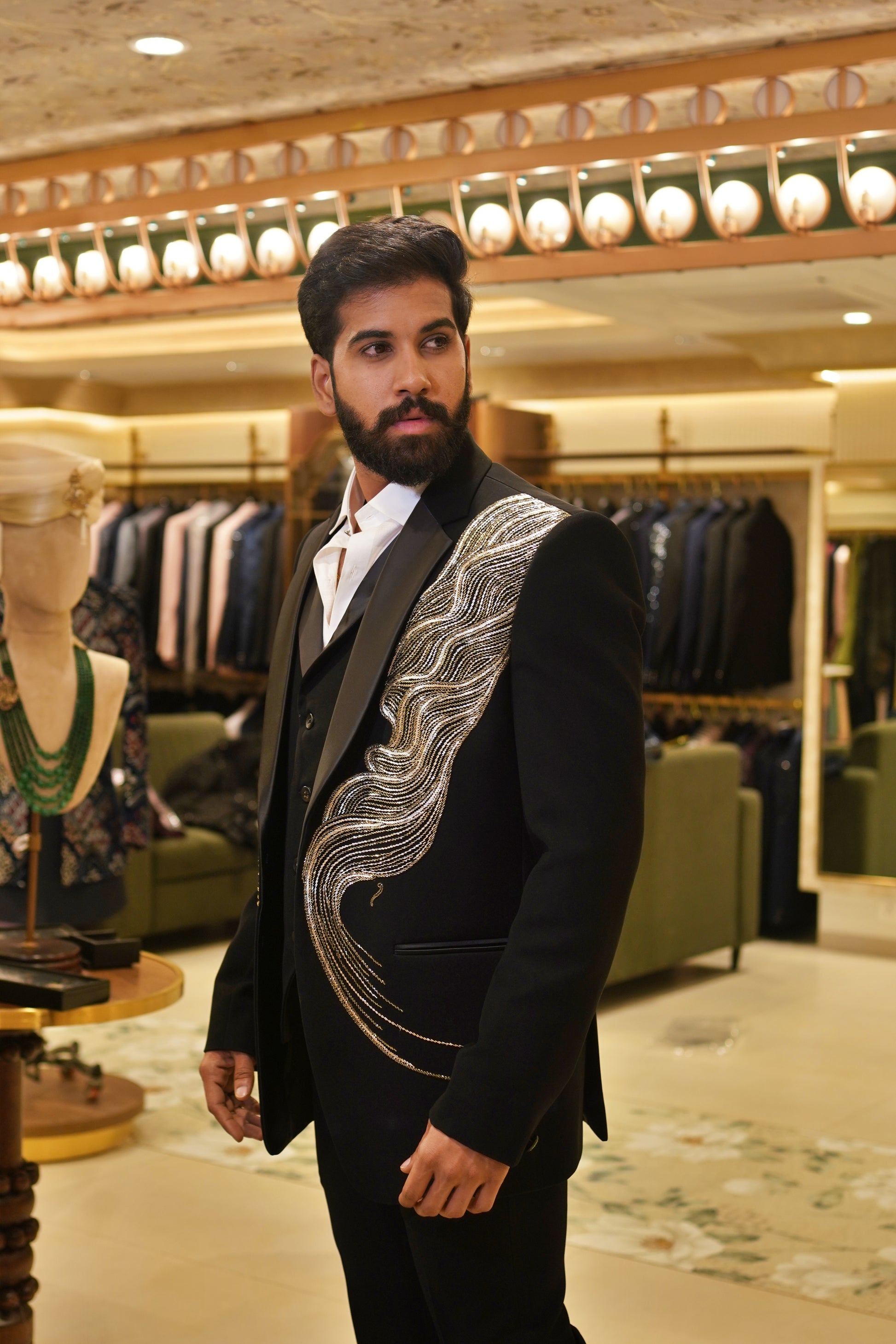 Sagara Lahari 4-piece men’s suit with flowing wave-style work on the jacket