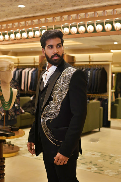 Sagara Lahari 4-piece men’s suit with flowing wave-style work on the jacket